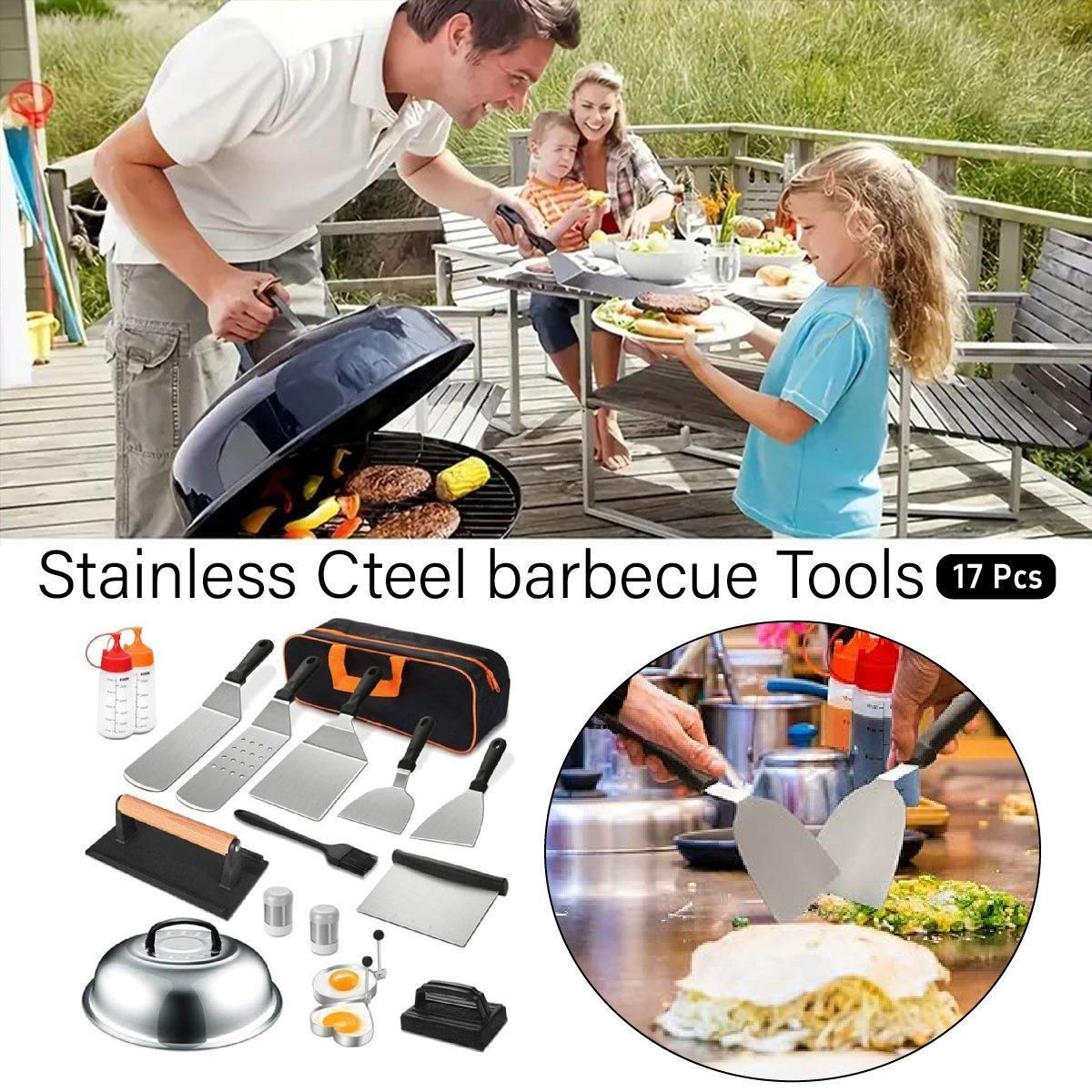 17 Piece BBQ Grill Tools Set Outdoor Barbecue Spatula Shovel Stainless Steel Kit